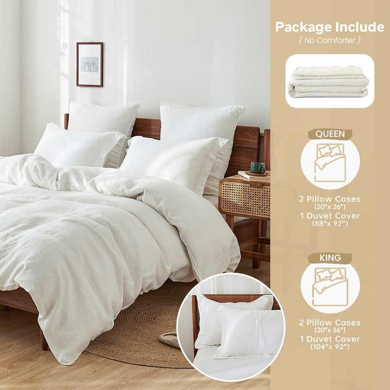 Simple&Opulence 100% Linen Duvet Cover Set 3pcs Basic Style Natural French Washed Flax Solid Color Soft Breathable Farmhouse Bedding with Button Closure - White, Queen - Image 3
